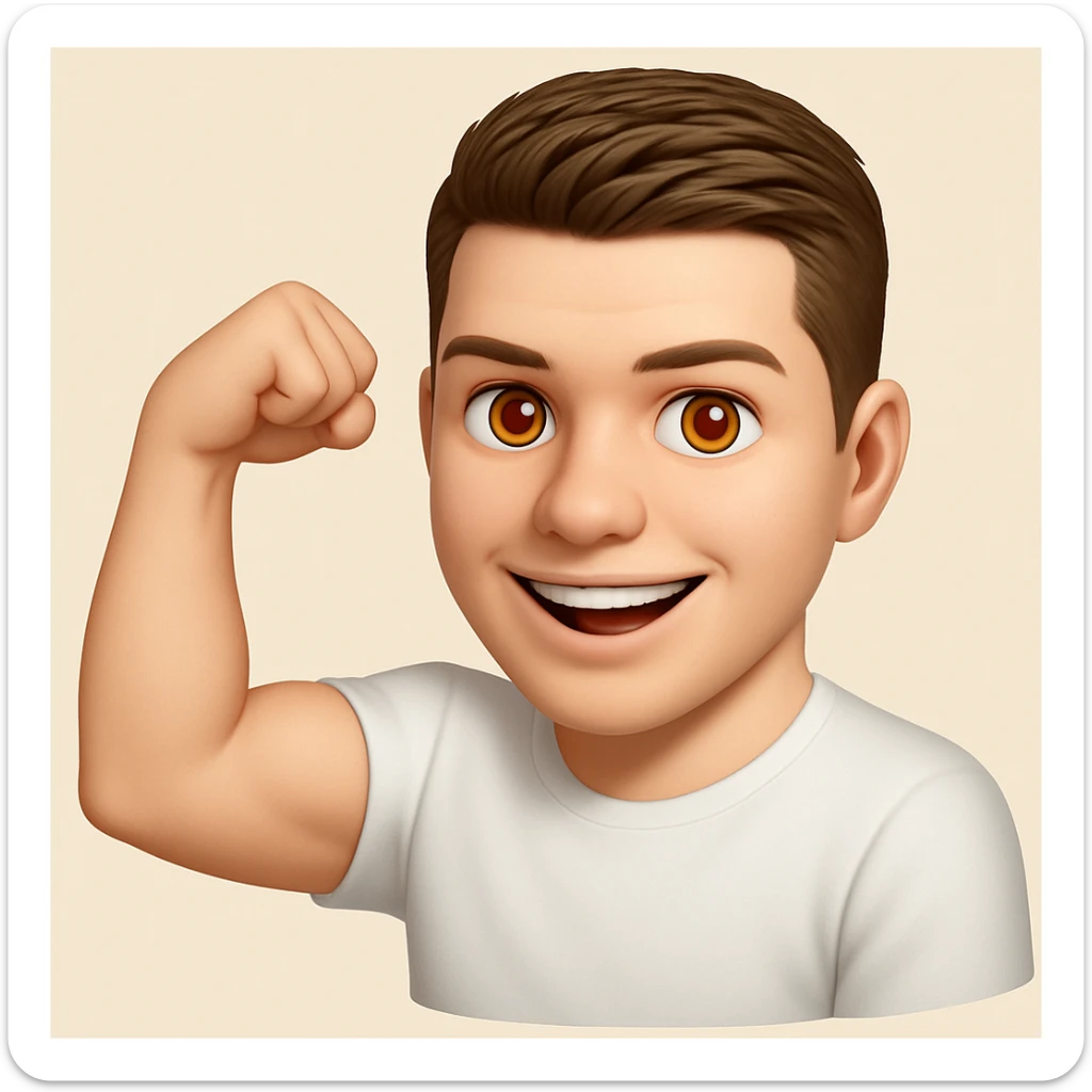 Based on these photos, make an emoji with facial features intact, man in white t-shirt, showing muscles sticker
