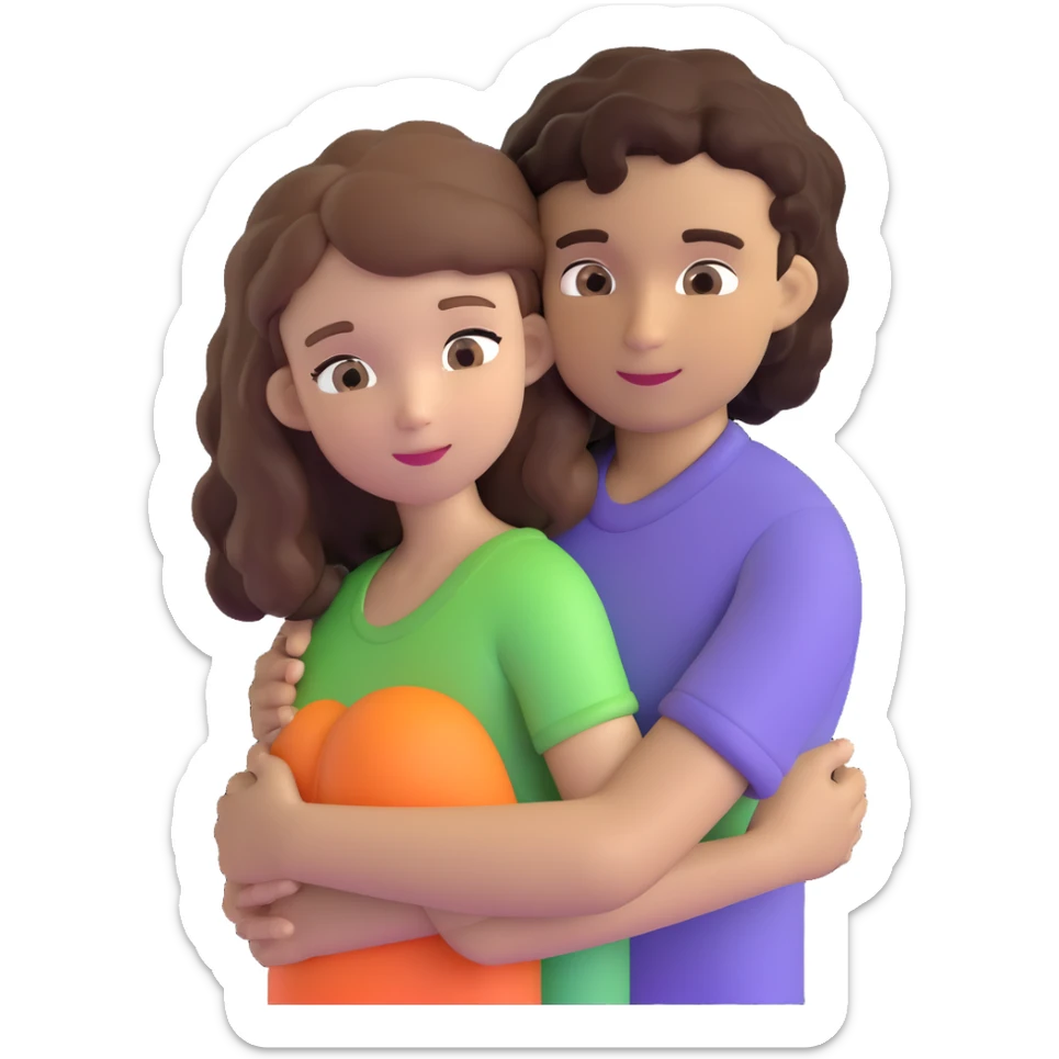 girl with long light brown hair and pale skin hugging a boy with short black curly hair and tanned skin sticker