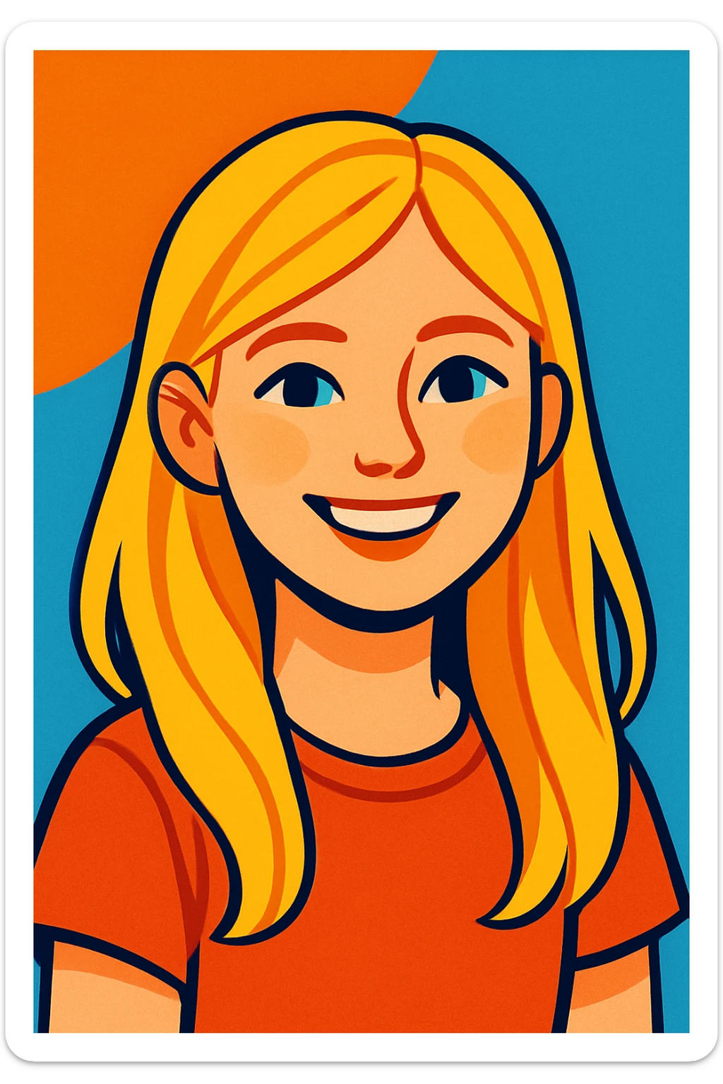 blonde girl, natural and warm smile, fair skin, long blonde hair, simple background, modern illustration sticker