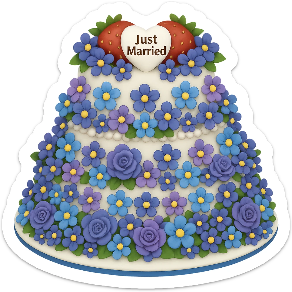 Replace the pink and white flowers with blue and purple flowers on the white wedding cake with strawberries and 'Just Married' topper. The style should resemble emoji style with no background. sticker