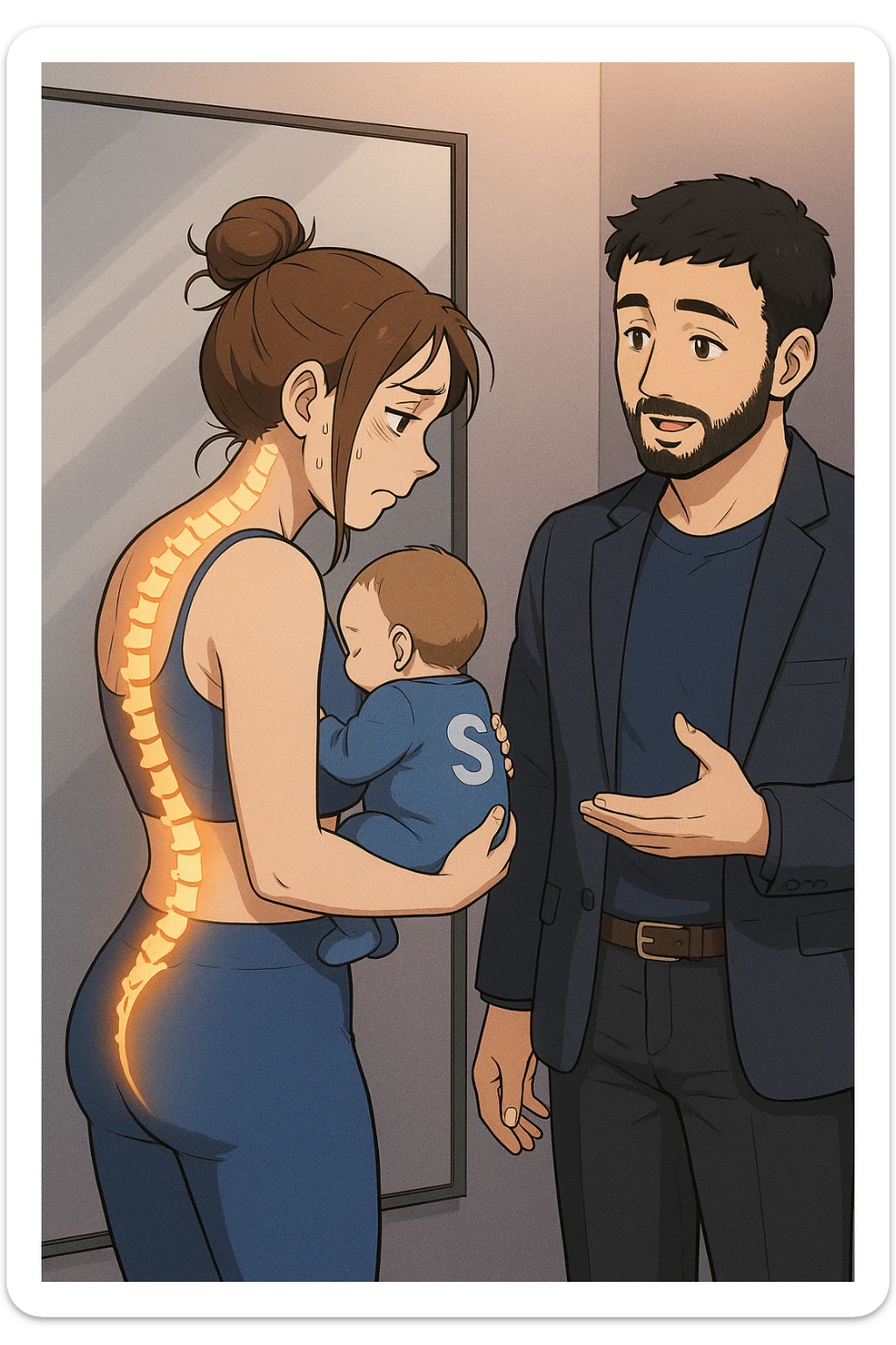 ispirati a questo stile di disegno e fai questa immagine in versione manga/webtoon a colori, il manga mostra la donna che si guarda alla specchio preoccupata di profilo con la postura sbagliata e incurvata, spalle chiuse e curve in avanti, con un neonato in braccio con una tutina azzurra e la scritta "S" sulla schiena, spina dorsale storta della donna in evidenza mentre al suo fianco anche l'uomo guarda la donna riflessa nello specchio e le spiega una cosa, ma non fare i fumetti, fai come se stessero parlando sticker