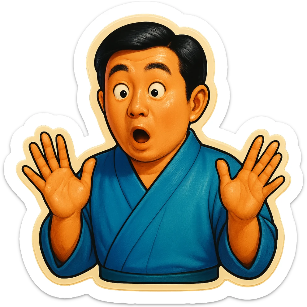 The same Japanese man in traditional kimono looks at the viewer with a surprised look, and his hands are empty sticker