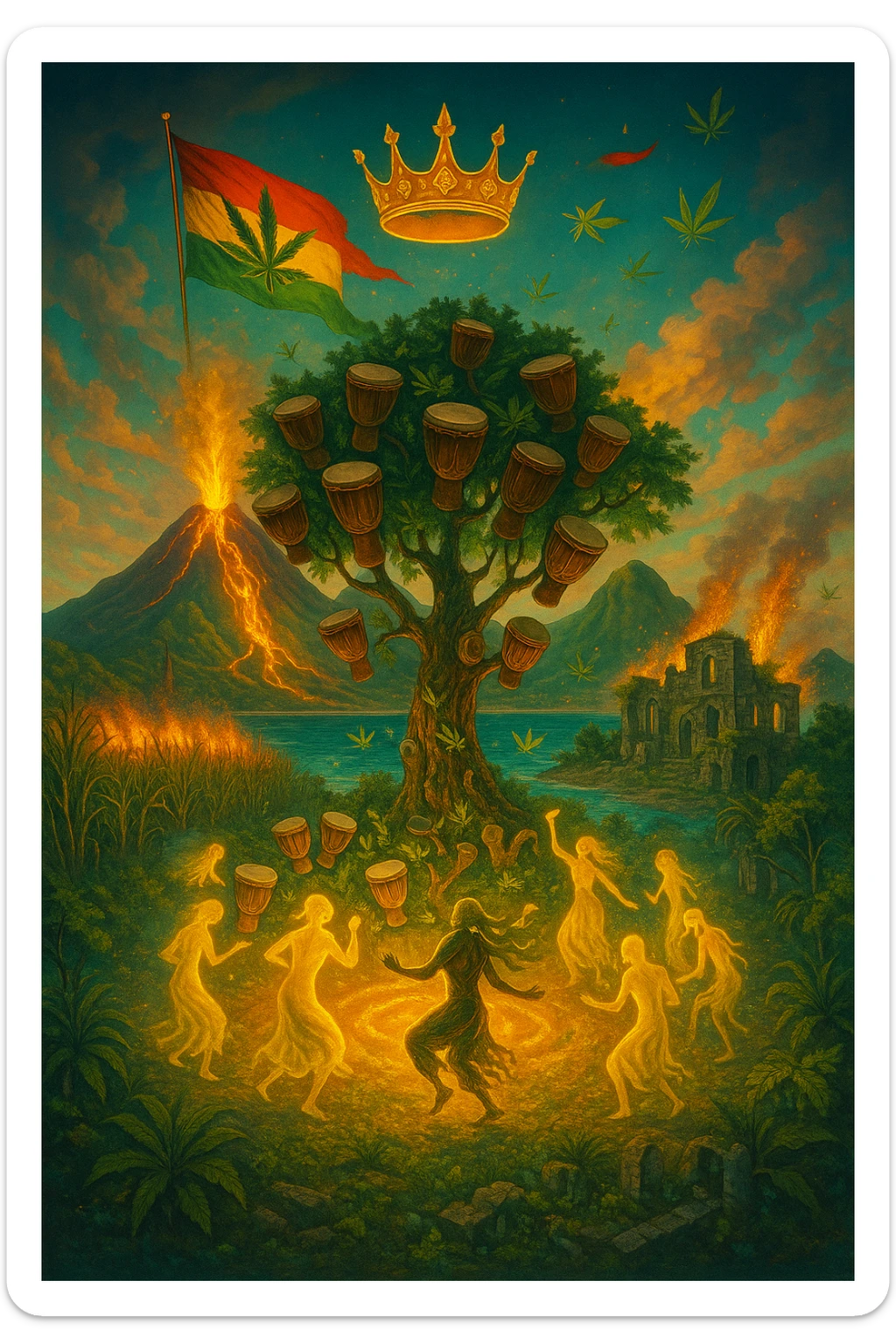 “Depict a mystical reimagining of Guadeloupe, a sacred French Caribbean island renamed Gwadaloo in spiritual rhythm. The landscape blends lush green mountains, twin volcanoes erupting golden light, and deep turquoise sea. In the center stands a legendary Drum Tree — its branches grow carved wooden drums instead of fruit, and glowing ancestral spirits dance around it in a circle of rhythm. Sugarcane fields burn gently in the background, symbolizing the release of colonial pain, while ganja leaves drift in the wind like blessings. Overhead, a sacred ganja-leaf flag flutters in the sky with red, green, and gold colors. A Creole crown floats in golden light above the island, not on any man’s head, but pulsing to the beat of the land. In the distance, ghostly ruins of colonial buildings crumble into dust, reclaimed by vines and time. Use a vibrant, cinematic color palette with warm golden light, deep greens, glowing reds, and ocean blues. Style the scene as prophetic, surreal, and empowering — a vision of Caribbean sovereignty, rhythm, and soul remembrance." sticker