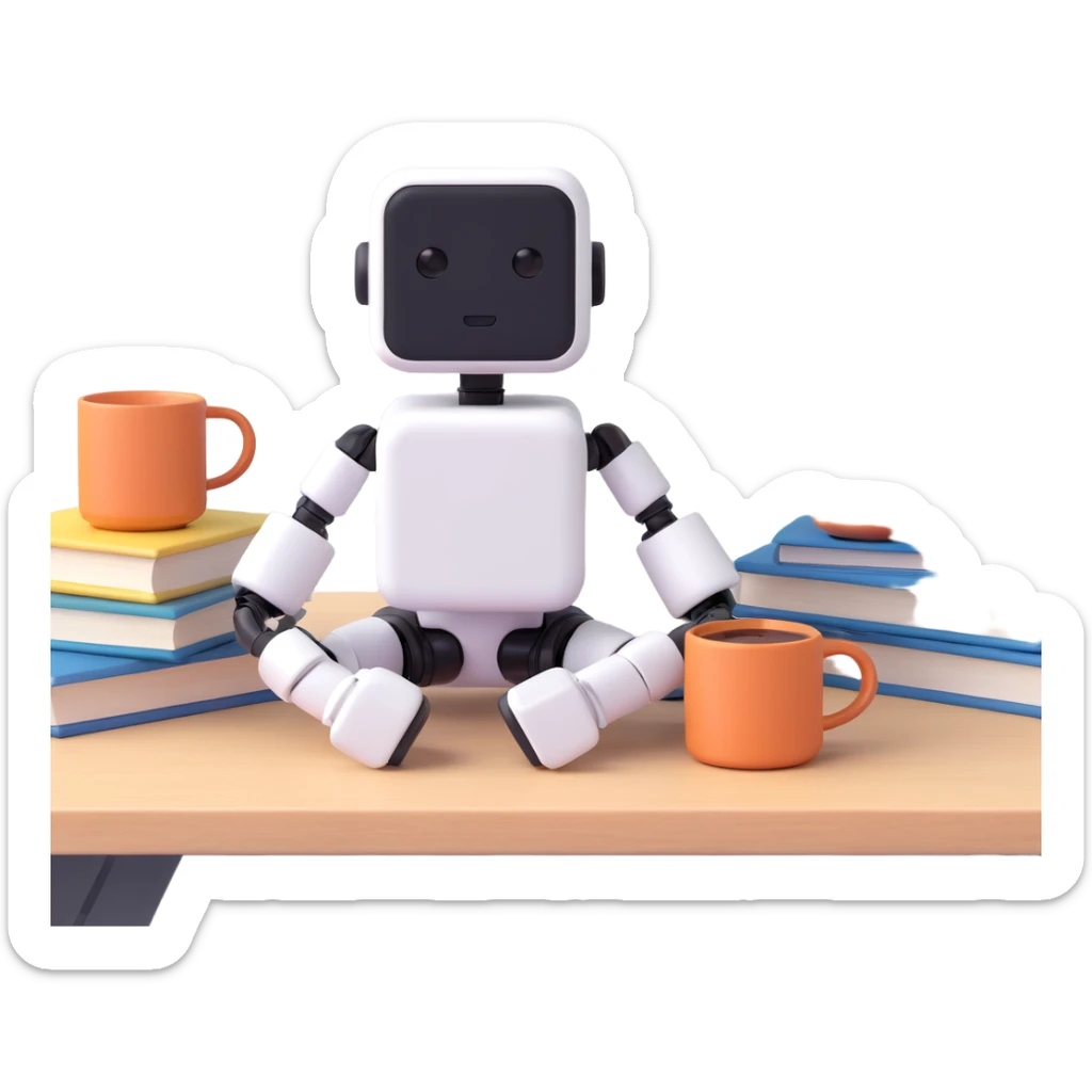 Cute desk companion bot — small cube-shaped AI assistant with articulated arms, sitting on a desk with books and coffee. sticker