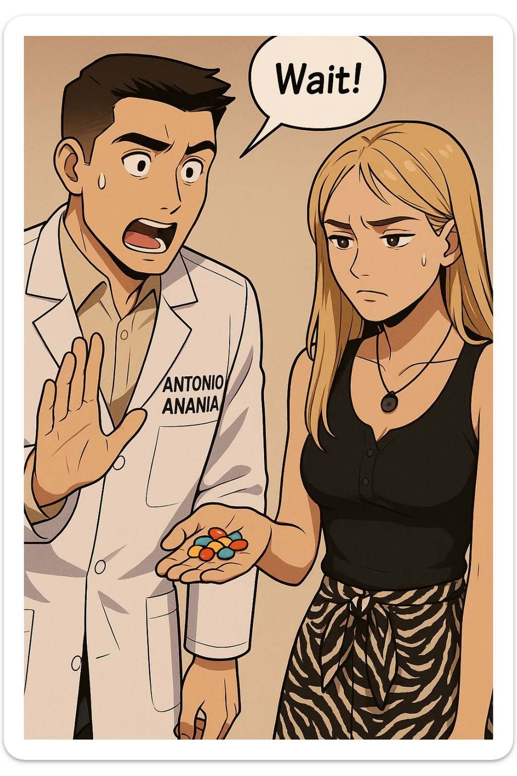 fai un webtoon/manga a colori con questo kinesiologo in camice bianco (fagli la scritta "ANTONIO ANANIA" SUL CAMICE) CHE PARLA CON QUESTA RAGAZZA. LA RAGAZZA HA UN PUGNO DI INTEGRATORI IN MANO (TANTE PILLOLE DIVERSE) E LE GUARDA DUBBIOSA. IL KINESIOLOGO CON IL CAMICE BIANCO LE DOMANDA UNA COSA SCIOCCATO. NON FARE I FUMETTI, FAI SOLO LORO COME SE DIALOGASSERO sticker