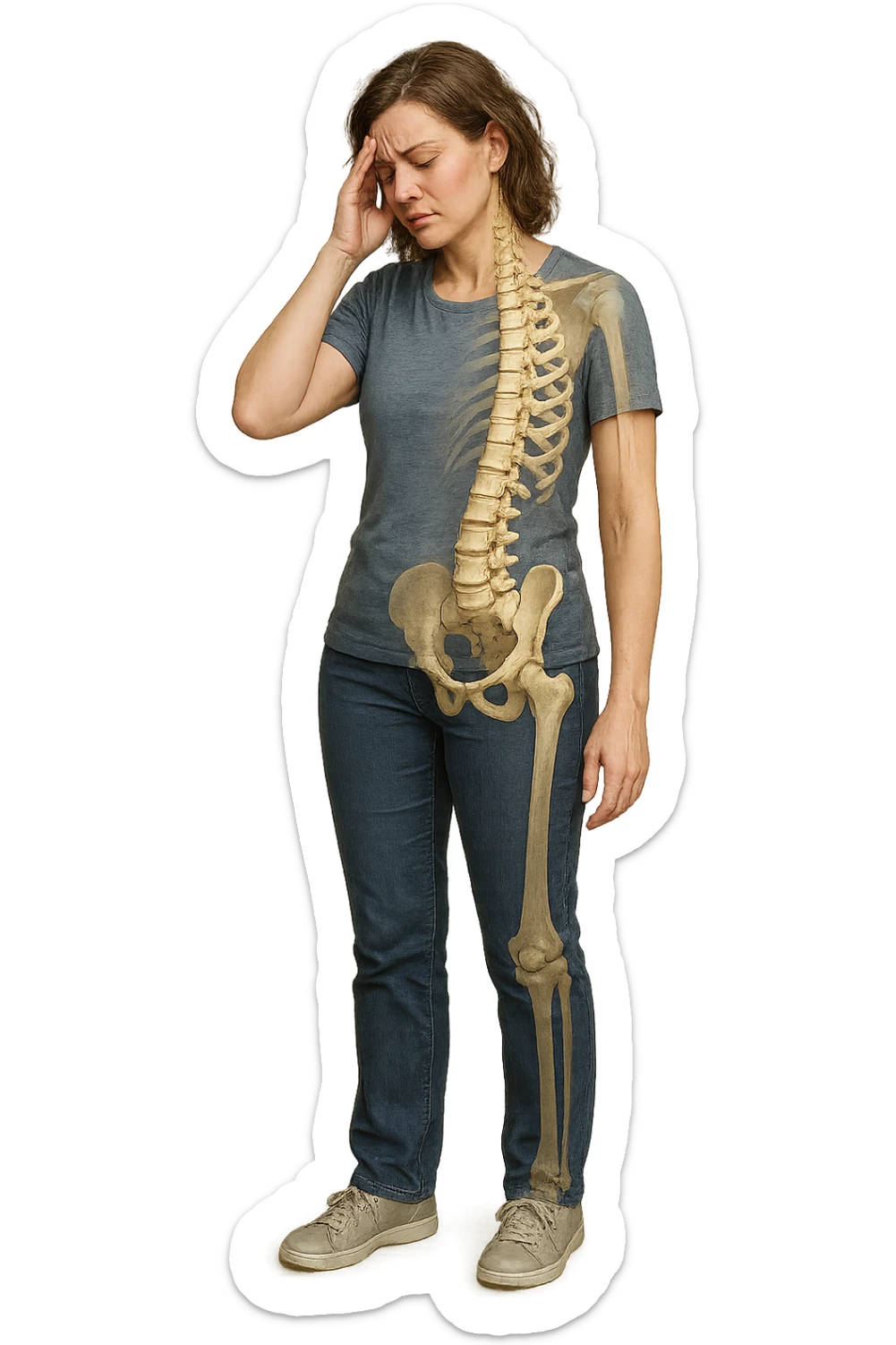 donna stanca a figura intera che si tiene una mano sulla tempia con spina dorsale anatomica visibile, iperrealistico 4k sticker