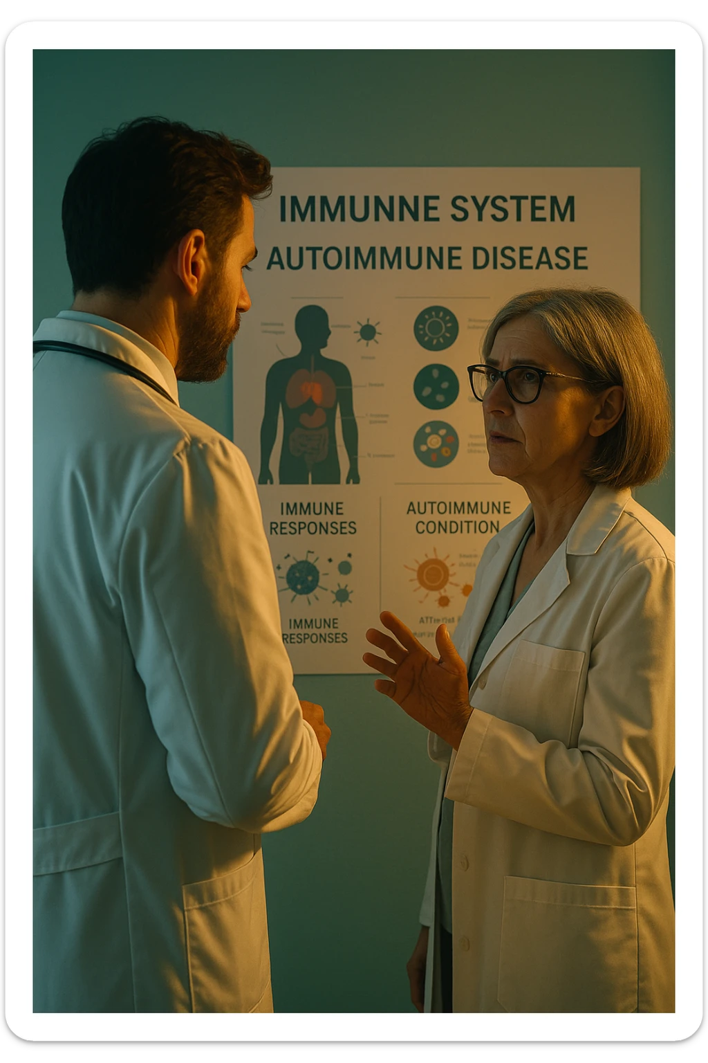 Realistic, detailed photo taken from behind of one doctor e un paziente —a bearded man and a middle-aged woman—standing and facing each other as they discuss an autoimmune disease diagnosis in front of a medical chart that displays information about the immune system and autoimmune conditions. The scene is illuminated by a yellowish, orange, warm light that softly envelops the doctors. The entire room is bathed in a single green-blue color, creating a cohesive and modern atmosphere. Both doctors wear white coats, and their body language suggests a serious, professional conversation about the complexities of autoimmune diseases. Shot with a Canon EOS R5, with high detail and natural depth of field. scritto in italiano sticker