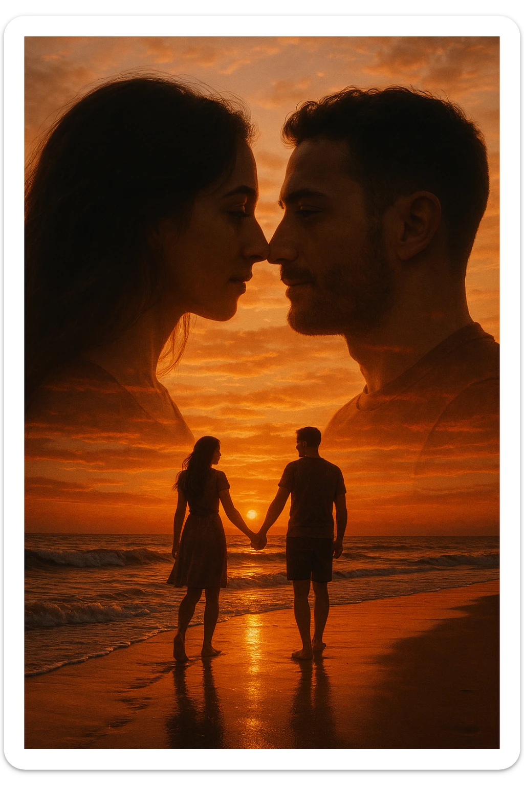 Una doppia esposizione cinematografica di noi di profilo, con un paesaggio di spiaggia al tramonto integrato nella silhouette.
La scena interna ci mostra entrambi camminare sulla sabbia bagnata, tenendoci per mano, con le onde del mare che si infrangono è facile e un cielo colorato dagli ultimi raggi di sole. Atmosfera calda e intima, toni dorati arancioni, dettagli fini ed espressivi, risoluzione 8K. sticker