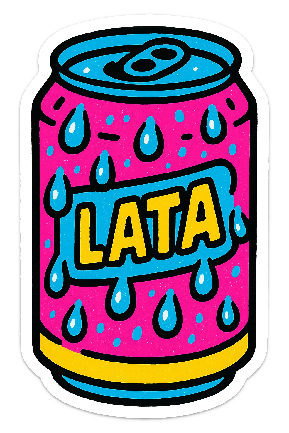 a can of ice-cold pink soda labeled 'Lata', condensation droplets, vibrant, fun, pop style sticker