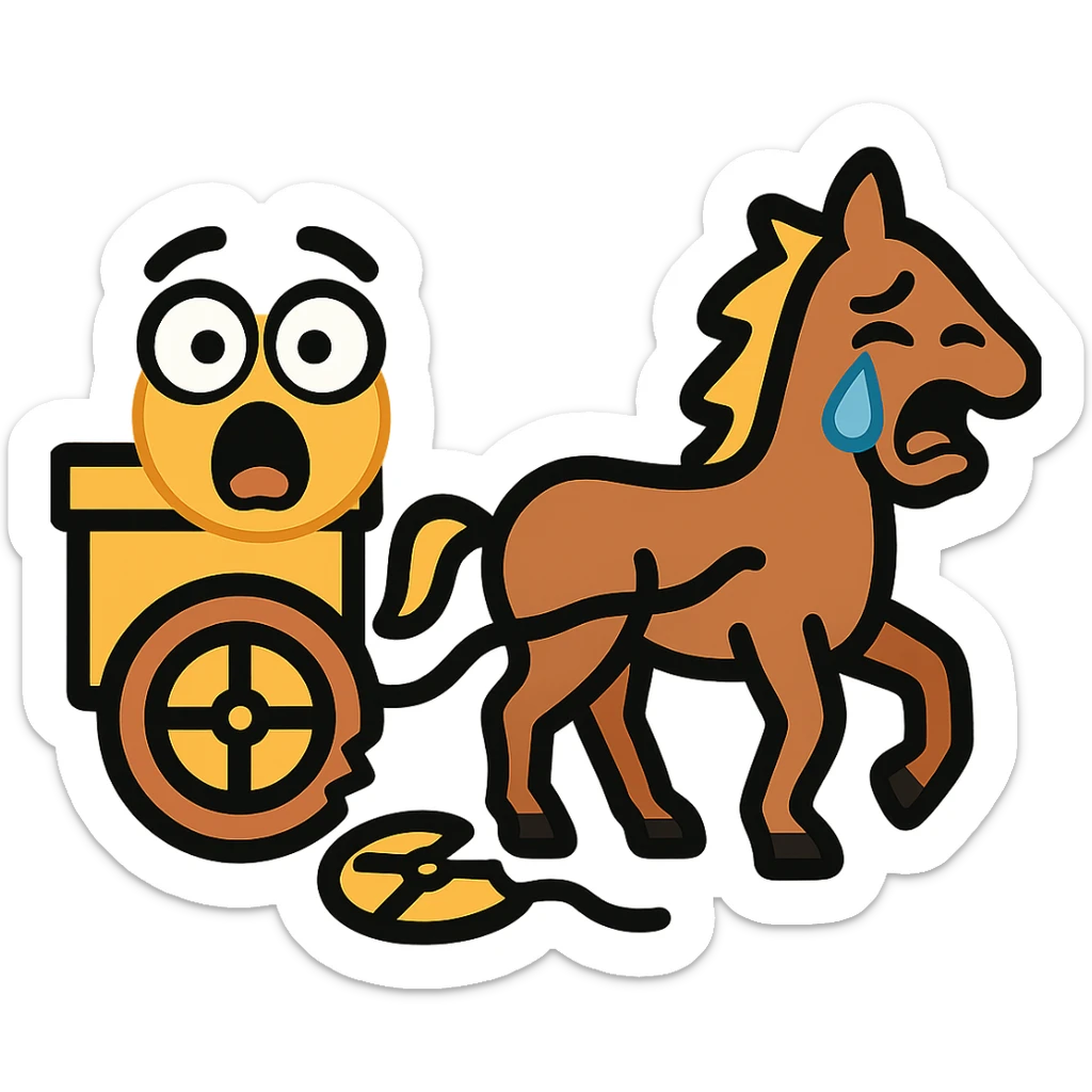 Make the horse cart look broken and add funny, exaggerated emoji expressions to the horse and cart. Keep the style consistent. The style is emoji style. Keep the background transparent. sticker