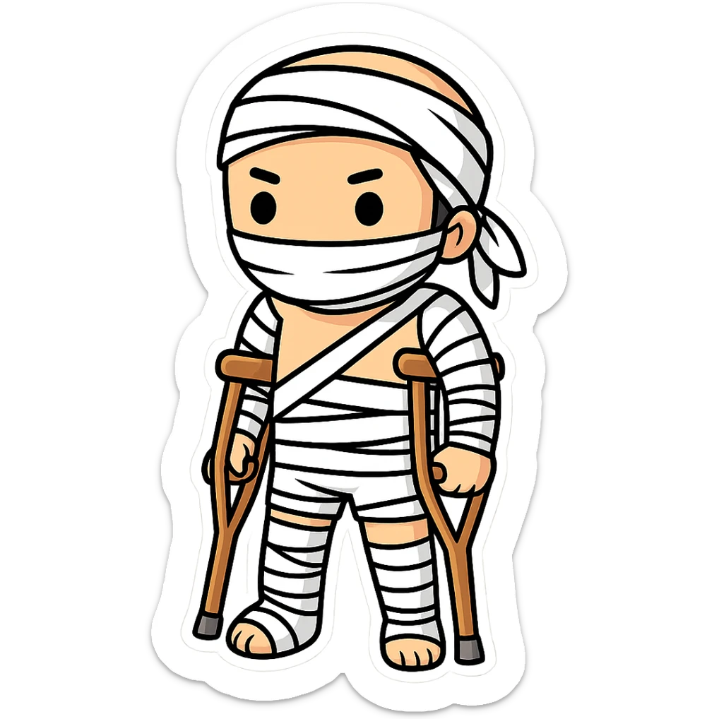 Add crutches and show more bandages on the injured man in the style of cartoonish stickers. Keep the sticker style with no background. sticker