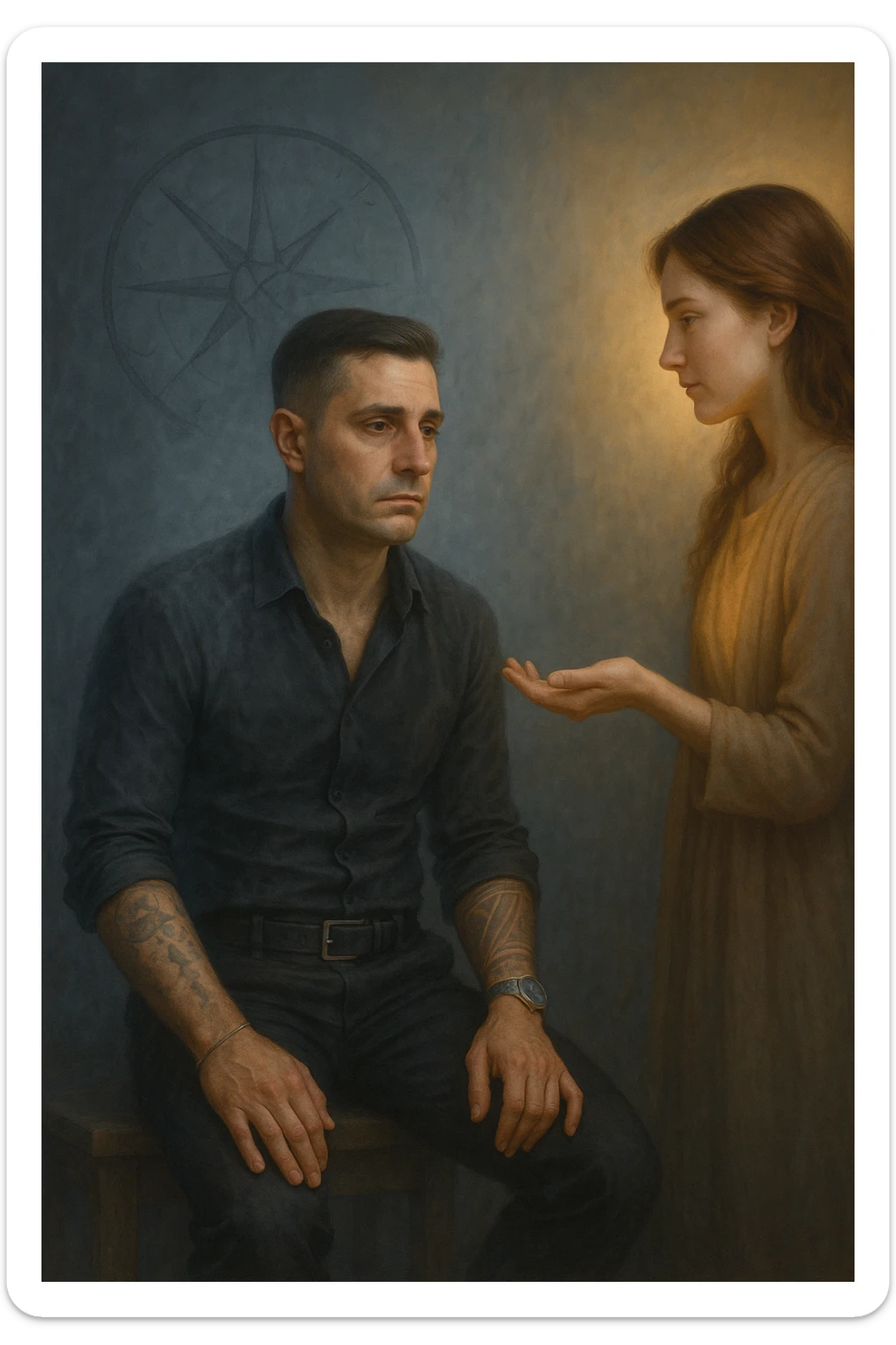 Uomo tra i 35 e i 45 anni seduto su una panchina o in una stanza tranquilla, sguardo rilassato ma spento, come sollevato nel mentale ma svuotato nello spirito. Davanti a lui una donna lo guarda con dolcezza, mano tesa come per offrire una soluzione. L’ambiente attorno all’uomo è grigio-bluastro, con la sua aura maschile che si dissolve leggermente, mentre intorno alla donna una luce calda e stabile. Sullo sfondo, un simbolo spezzato di bussola o direzione, a indicare la perdita di leadership interiore. Atmosfera riflessiva, stile realistico con simbolismi delicati sticker