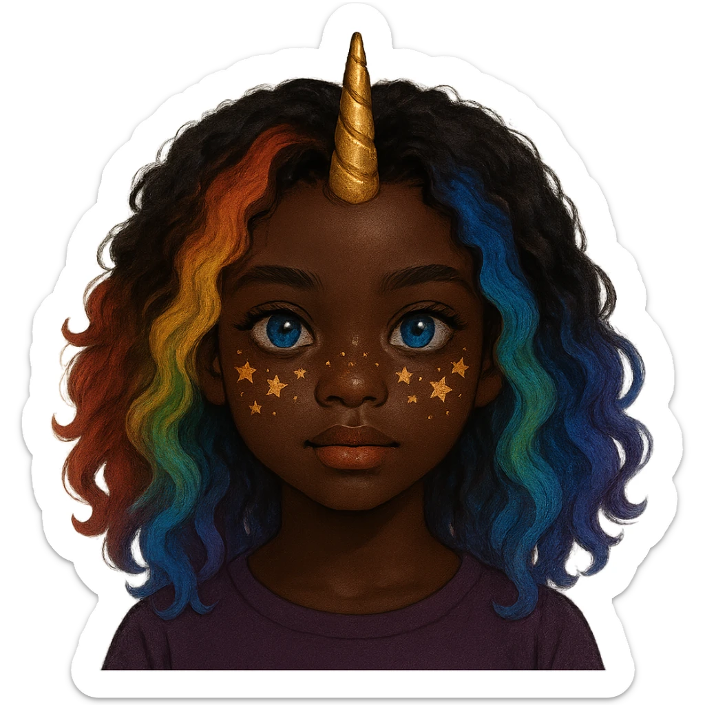 a dark-skinned girl with rainbow hair, blue eyes, a golden unicorn horn, and freckles shaped like stars sticker