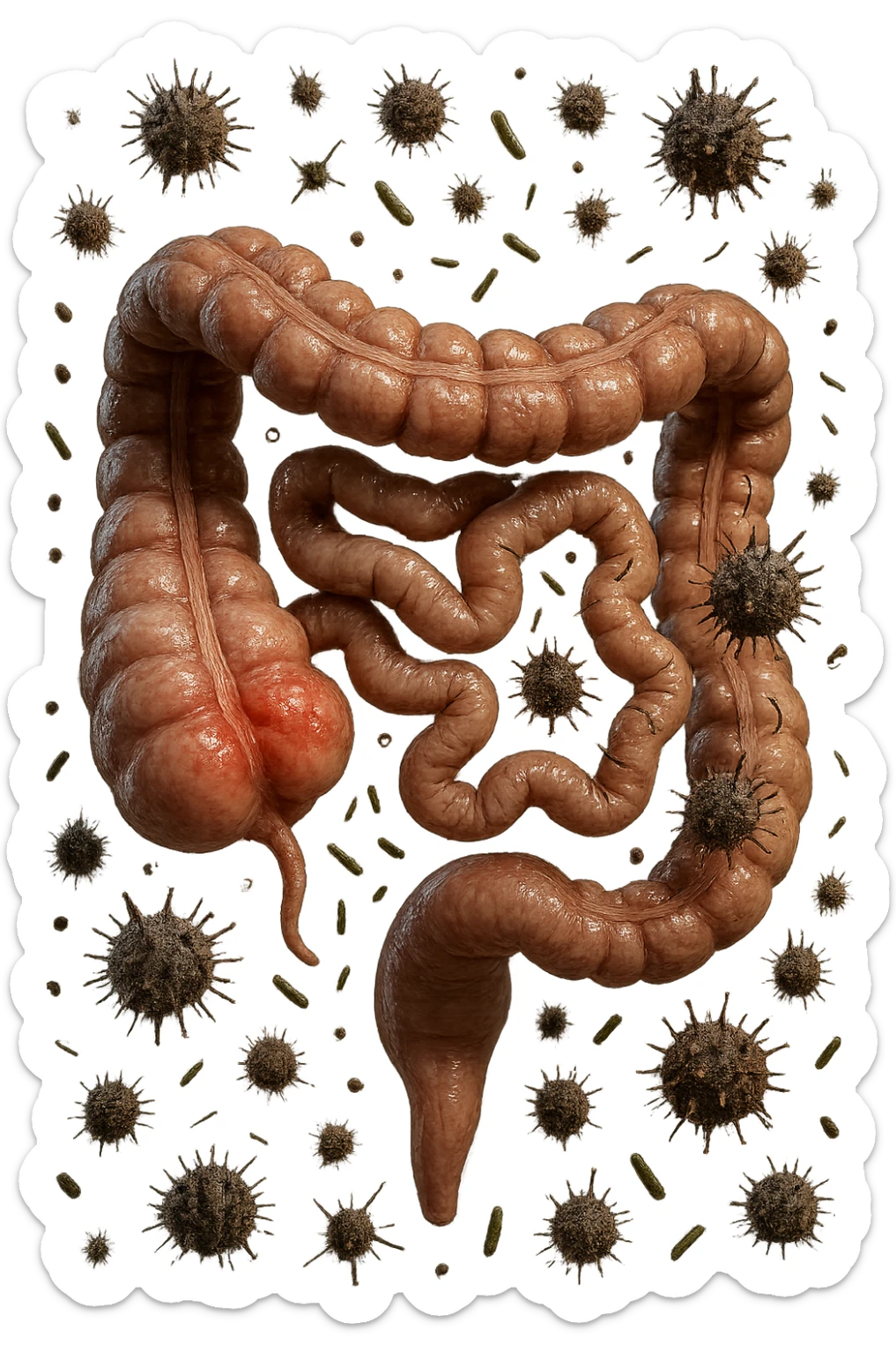 intestino anatomico realistico con red spot di infiammazione CON VARIE PARTICELLE TOSSICHE CHE CERCANO DI ATTACCARLO, IPERREALISTICO 4K sticker