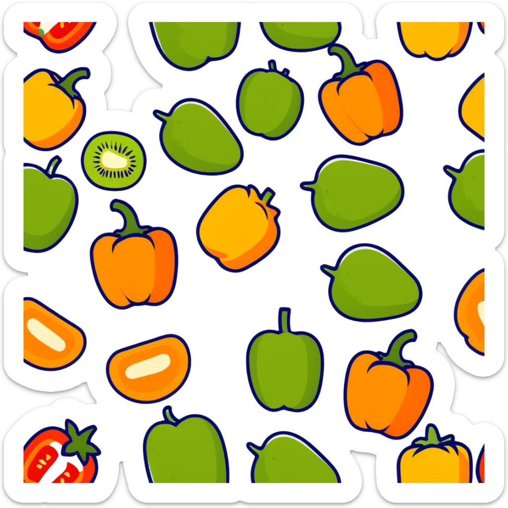 Various vitamin C rich foods: orange, kiwi, strawberry, bell pepper sticker