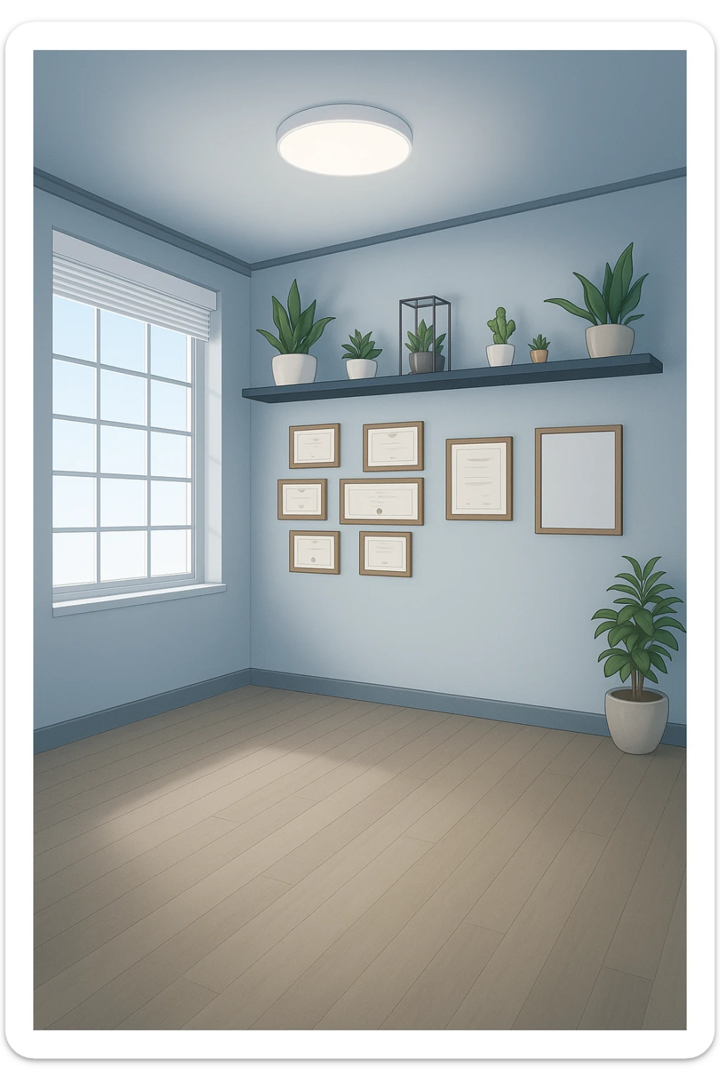 faMMI QUESTA STANZA STILE MANGA/WEBTOON A COLORI SENZA LE PERSONE E SENZA LETTINO, SOLO LA STANZA. FALLA MOLTO PIù LUMINOSA CON LUCI PIù FREDDE E MODERNE, NON LUCI GIALLE sticker