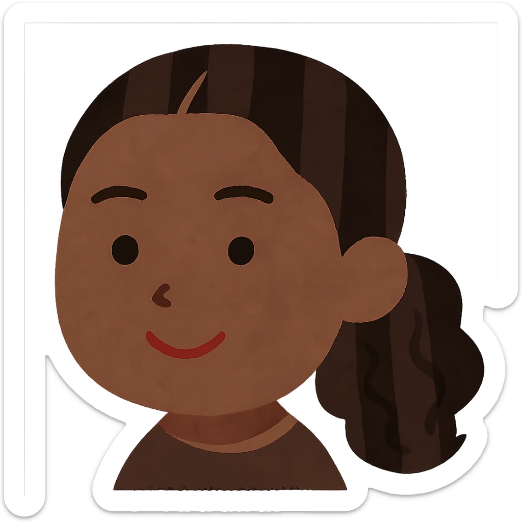 Edit the image to make the skin color moderately darker than the original, but not too dark. Keep the Irasutoya style with soft colors, a round face, simple features, and a friendly expression. Ensure there is no neck visible and maintain a transparent background. sticker