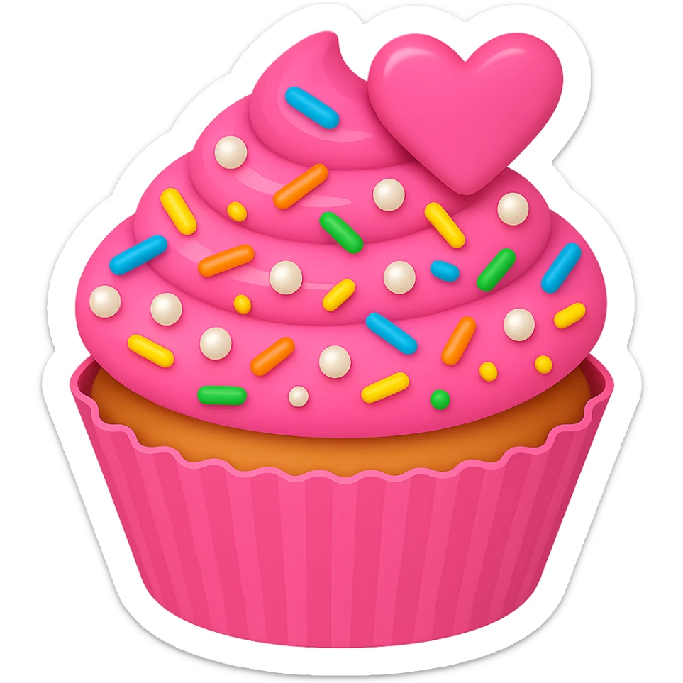 Add rainbow sprinkles to the pink cupcake with pearls in emoji style. The cupcake should have no background. Keep the look of an emoji style cupcake with vibrant colors and simple shapes. sticker