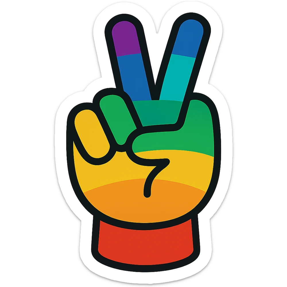 Increase blue and purple colors in the rainbow theme of the hand peace sign, keep the vibrant toon style, no background. sticker