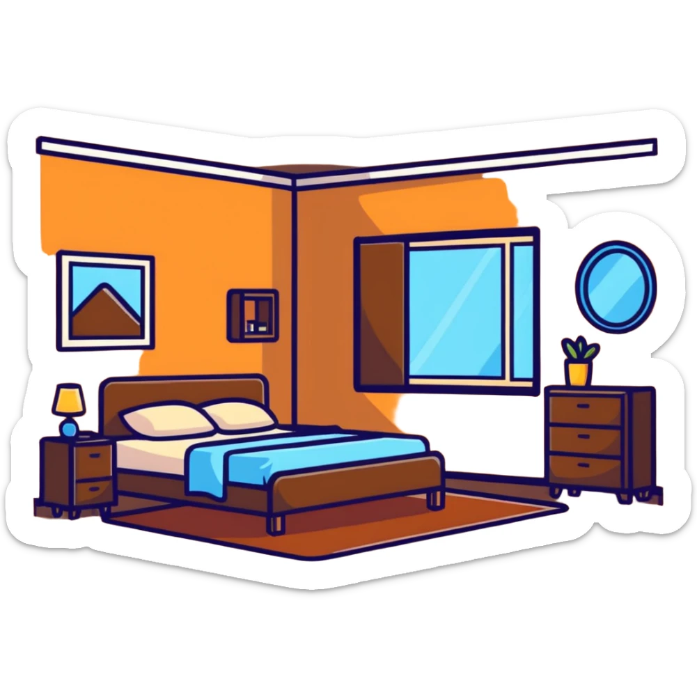 cute bedroom with cream colored walls, wooden bed frame, wooden shelves, fluffy rug, plants sticker