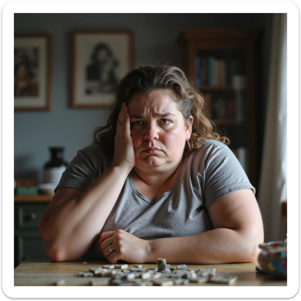 obese woman struggling to solve a puzzle or logic game, frustrated and confused expression, home environment, hyperrealistic 4K details, signs of cognitive slowing sticker