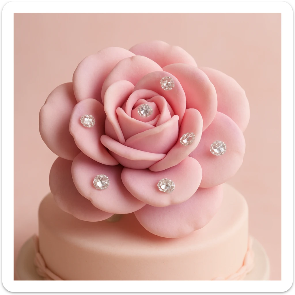 a pink flower with diamonds, elegant and sparkling, visually appealing, fondant cake art style sticker