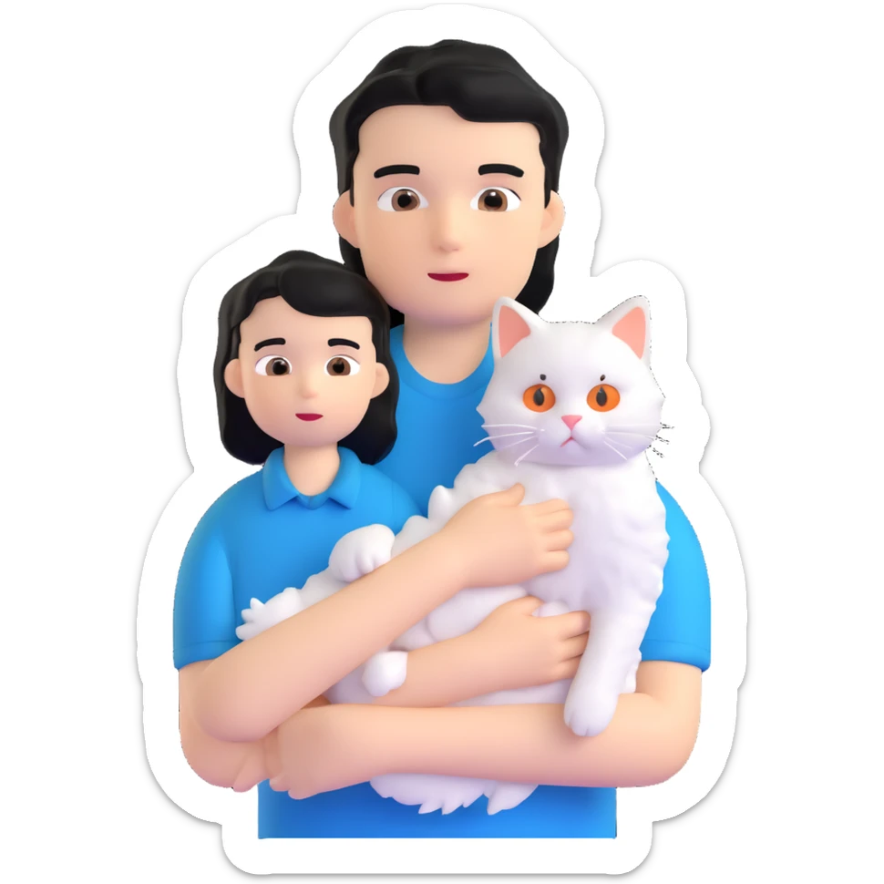 teenage boy with black hair wearing blue short sleeve shirt holding a white ragdoll cat sticker