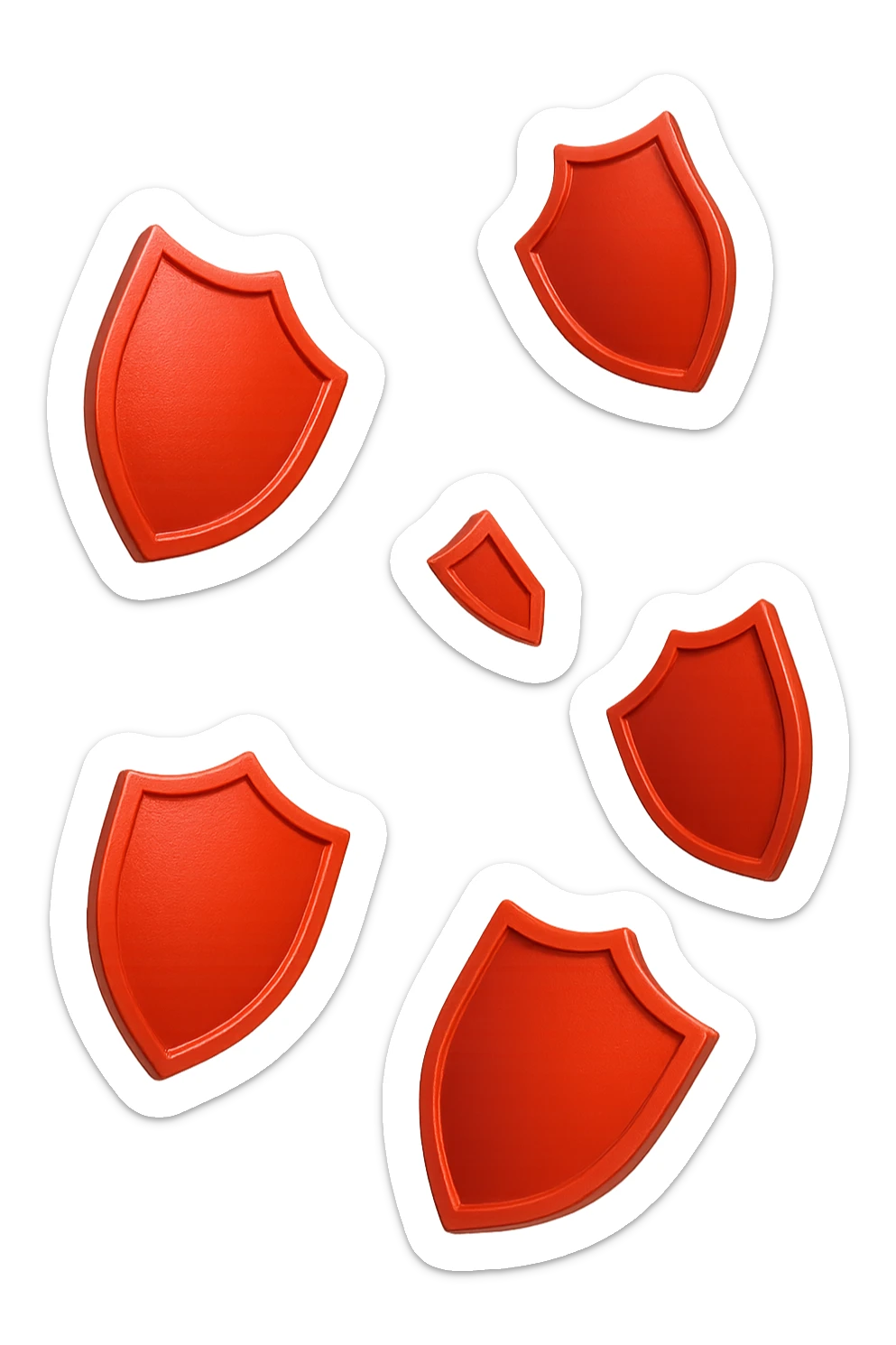 6 scudi 3d rossi che simboleggiano "difesa e protezione", cadono dall'alto casualmente, realistici in 3d, iperrealistico 4k sticker
