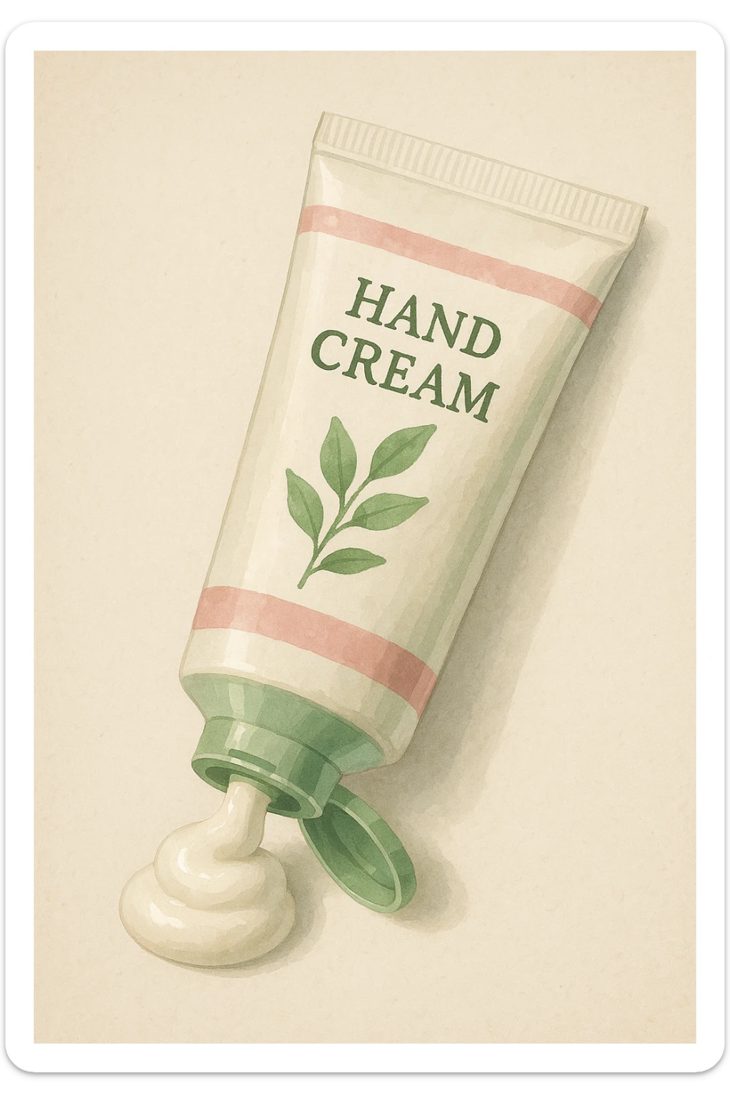 hand cream tube, cream coming out, green and pink details, semi-realistic illustration style sticker