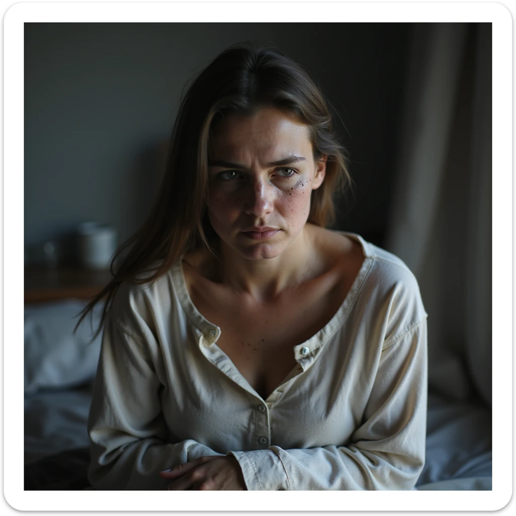 woman with chronic fatigue, pale and marked face, prominent dark circles, curved posture and drooping shoulders, exhausted expression, hyperrealistic style, realistic details, 4K quality, domestic environment sticker
