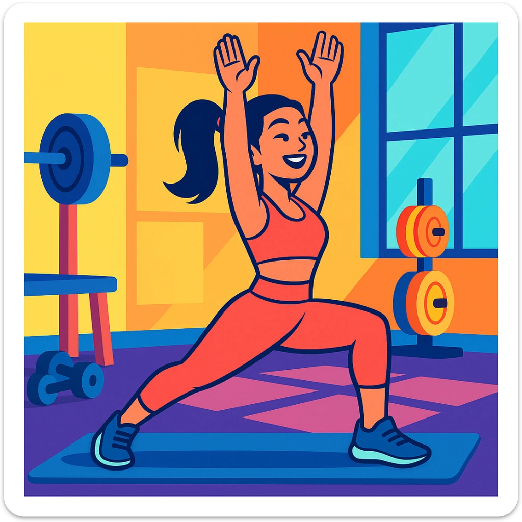 Asian woman in a yoga pose, energetic, wearing fitness attire, gym background, vibrant toon style sticker