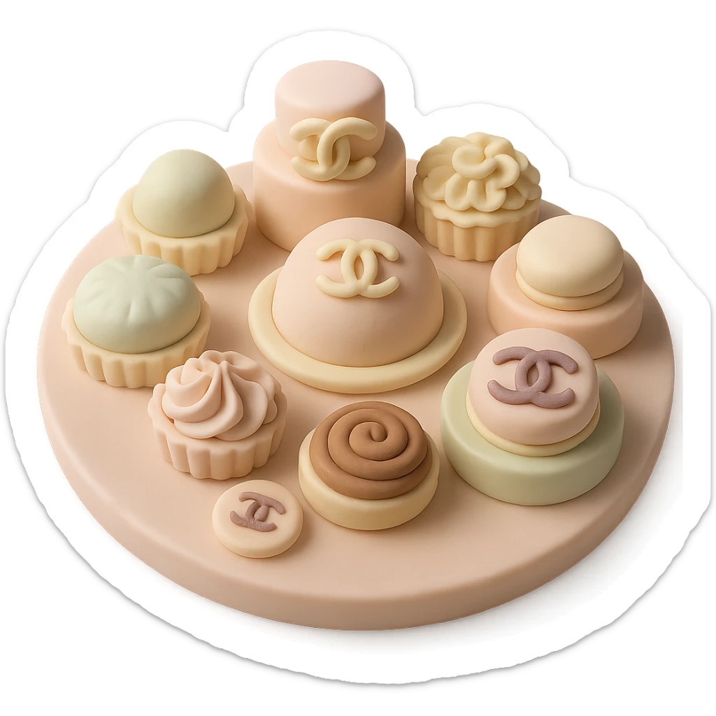 pastel Chanel dessert platter with assorted pastries and logos, fondant cake art style sticker