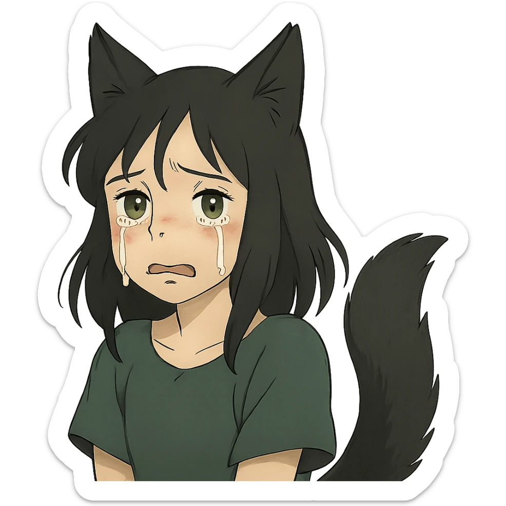 A girl with tears, black fox ears, and a tail, green eyes, dark hair sticker