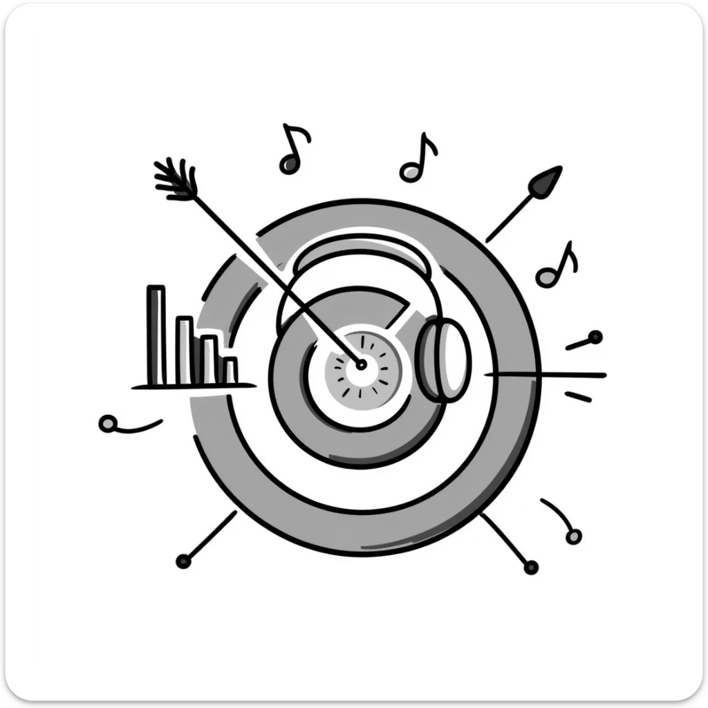 square emoji symbol of a symmetrical target with musical marketing details including headphones, musical notes, bar chart, doodle style, for online course cover sticker