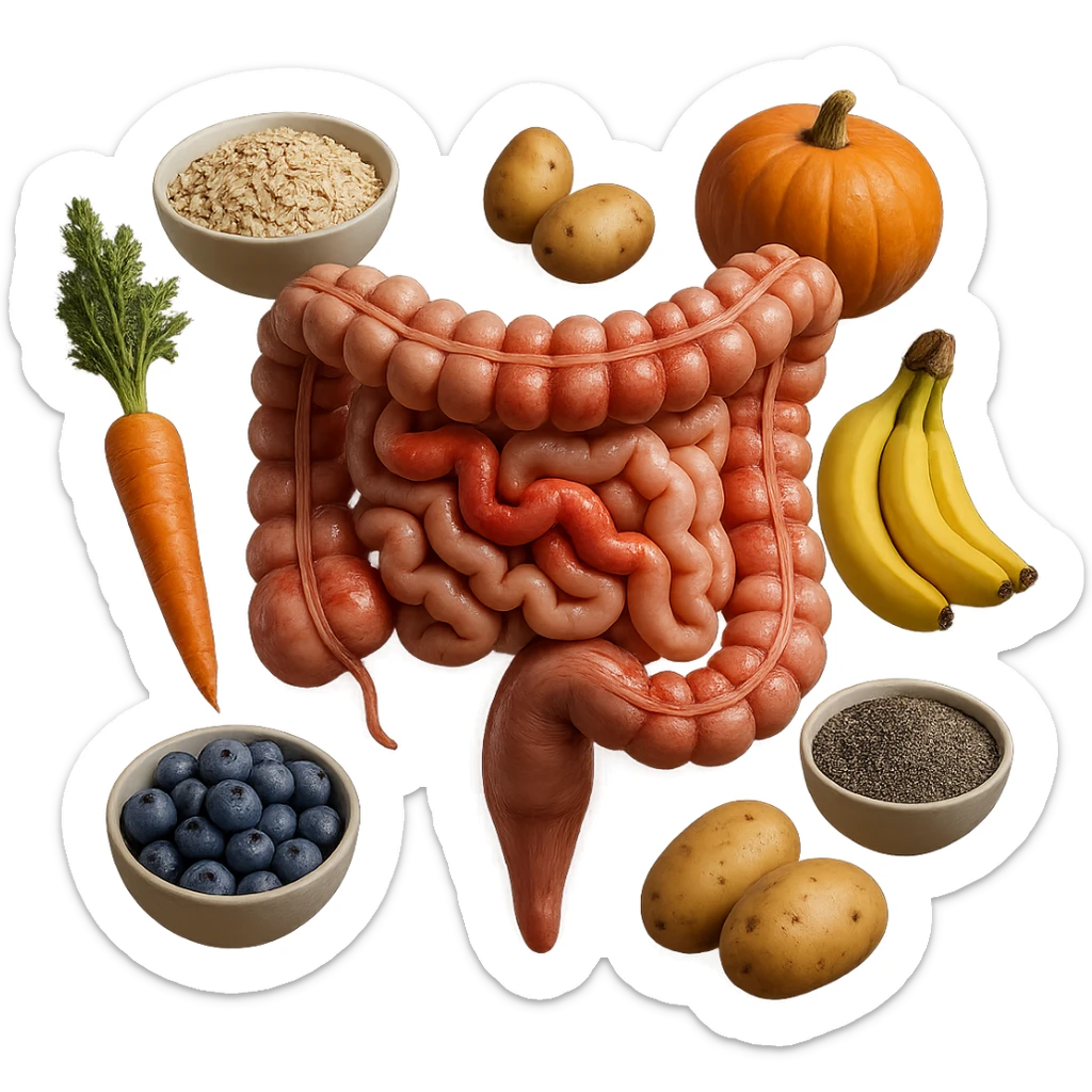 intestino umano anatomico infiammato con carota, bowl di avena, mirtilli, bowl di semi di chia, patate, banane, zucca, bowl di riso che gli fluttuano dietro, iperrealistico 4k sticker