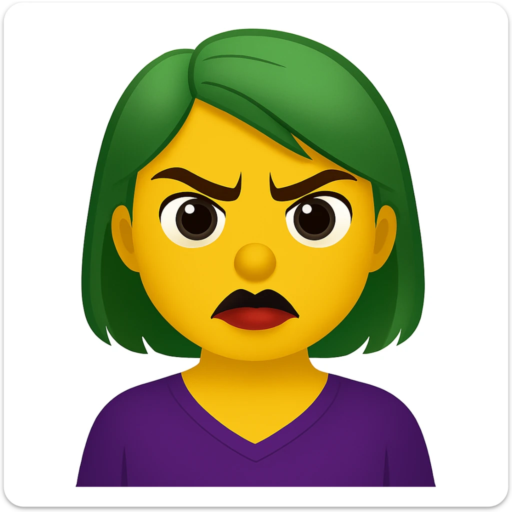 Create an emoji style image of a girl with green hair, angry expression, brown eyes, and lipstick blended with black and red. sticker
