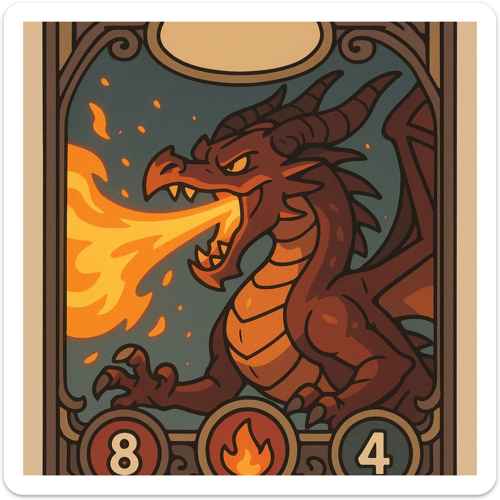 collectible card of a powerful fire dragon breathing flames with health, fire, and armor icons displayed, highly detailed, ornate fantasy card design, glowing effects, dynamic composition sticker