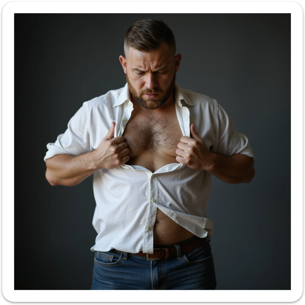 realistic 4K man lifting his shirt to show his belly, expression of discomfort, realistic environment sticker