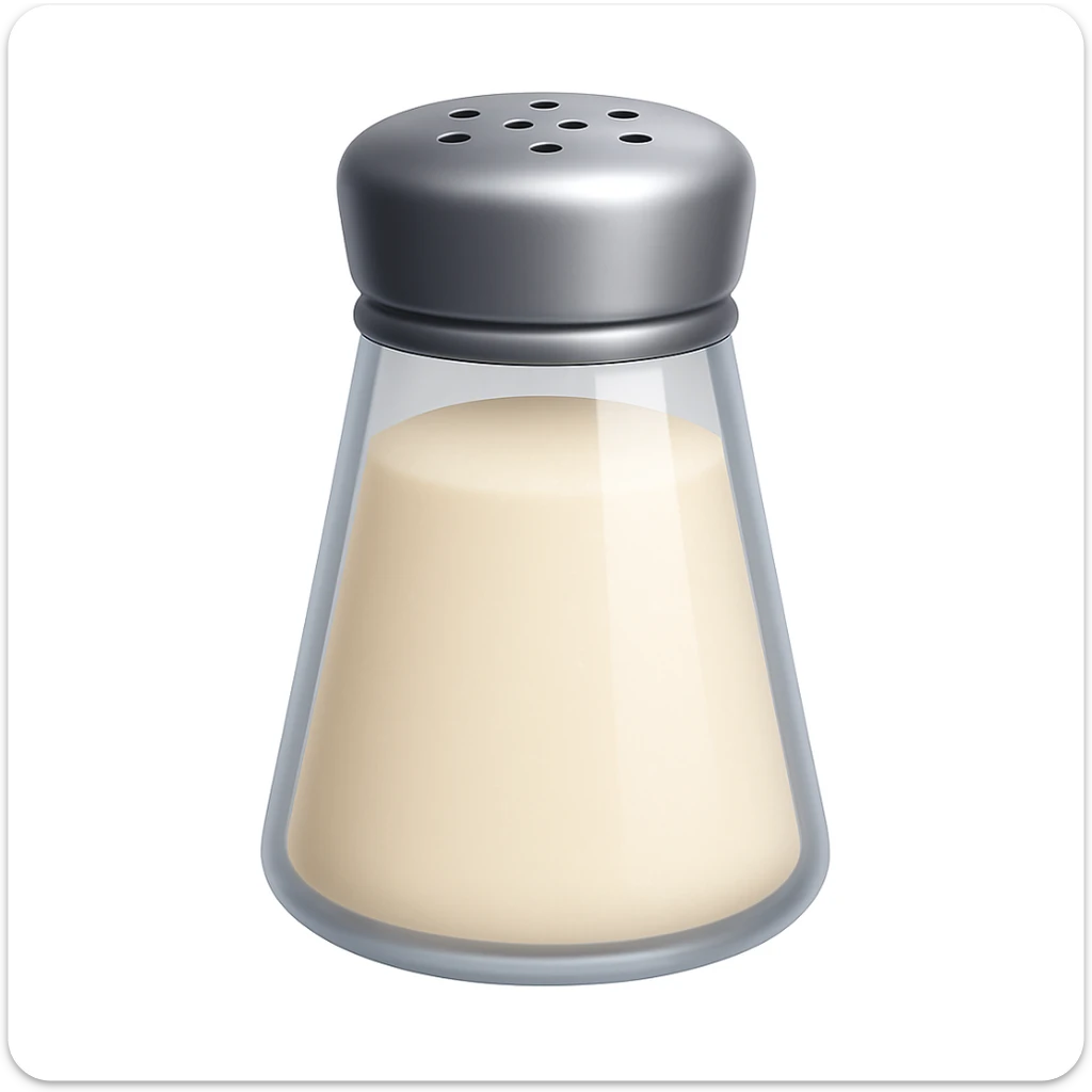 Keep the image exactly the same, just add salt shaker holes to the top of the metallic lid. The style is iOS emoji style, 3D, shiny, smooth gradients, soft shadows, realistic salt shaker shape, no face. sticker