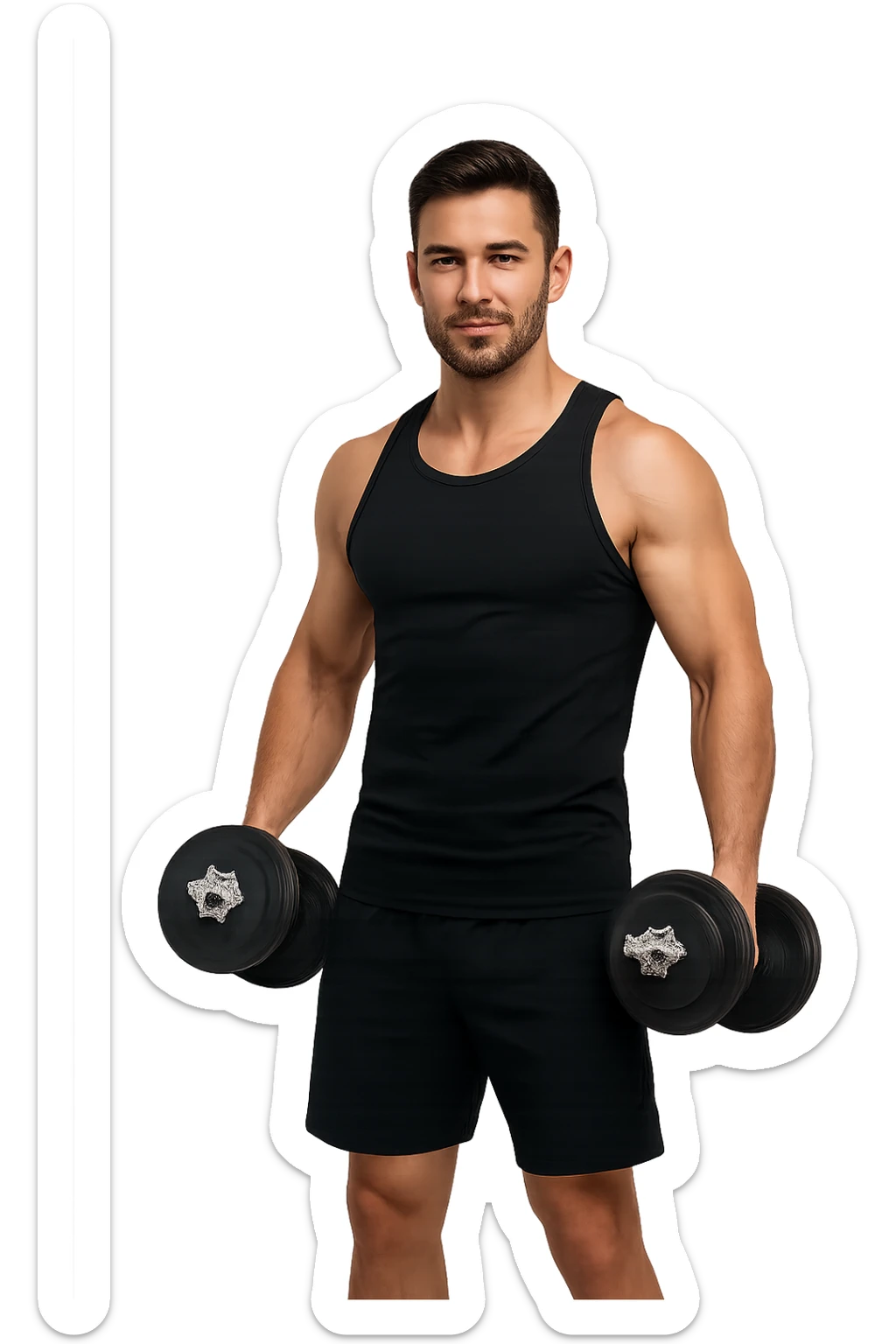 uomo fitness in forma con manubri da palestra in mano, isolata su sfondo bianco sticker