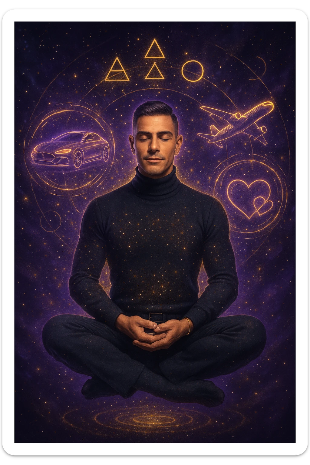 "Un uomo in meditazione fluttuante nello spazio cosmico, circondato da particelle dorate e simboli alchemici. Intorno a lui, oggetti e situazioni dei suoi desideri (auto, viaggi, amore) si materializzano come ologrammi luminosi. Stile cyber-mistico, colori viola e oro." sticker