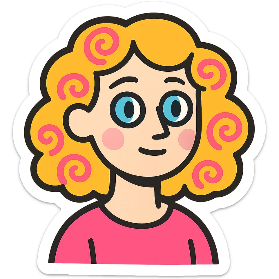 pale girl with medium-length curly blonde hair and baby pink swirls sticker