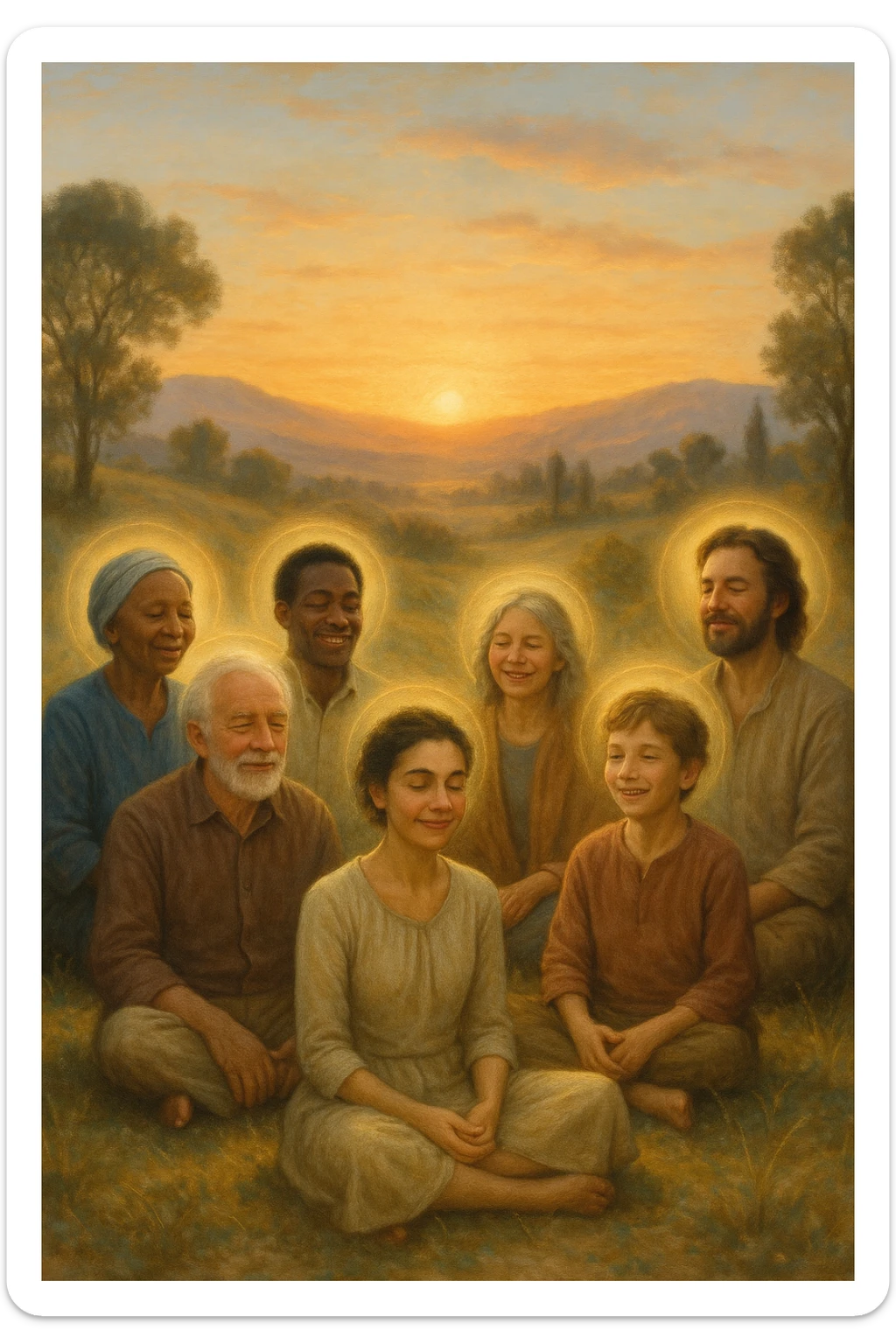 a diverse group of people of different ages and backgrounds sit together in a peaceful natural setting at sunrise, each with serene, joyful expressions. Subtle auras or soft light halos surround them, symbolizing spiritual awakening and inner harmony. The background features gentle hills, trees, and a glowing sky, evoking unity and connection. realistica italiano sticker