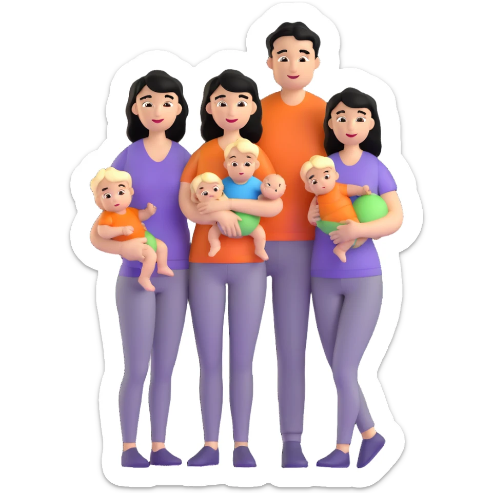 family with blond dad, brunette mom, blonde son, daughter with black hair, and a baby sticker