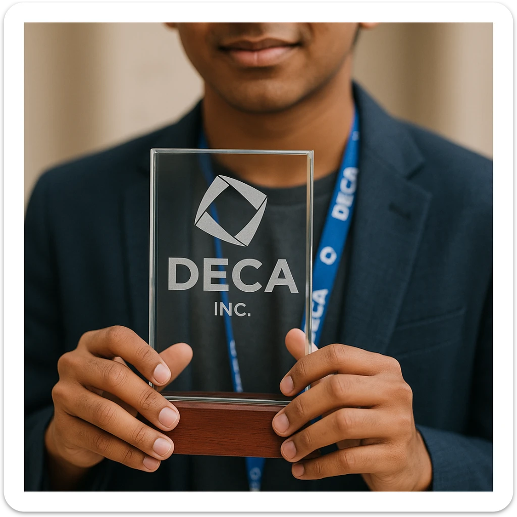 Close-up of an Indian teenage boy's hands holding the official DECA glass trophy: a rectangle of clear glass on a wood base, with the DECA logo and etching visible. The background is blurred, focusing on the trophy and the boy's hands, with a hint of a DECA lanyard. sticker