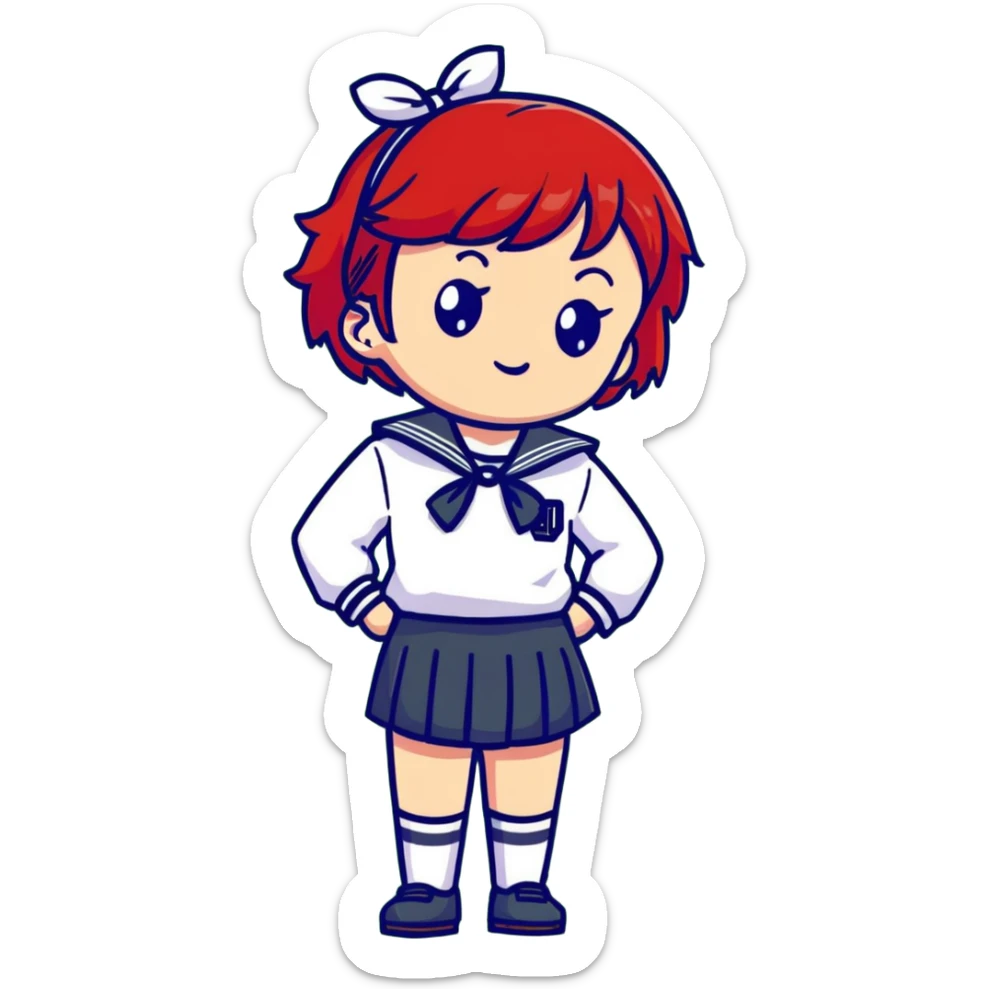 Serious anime girl with short bright red hair wearing Japanese sailor style school uniform, composed expression with hand on hip, confident and stern sticker