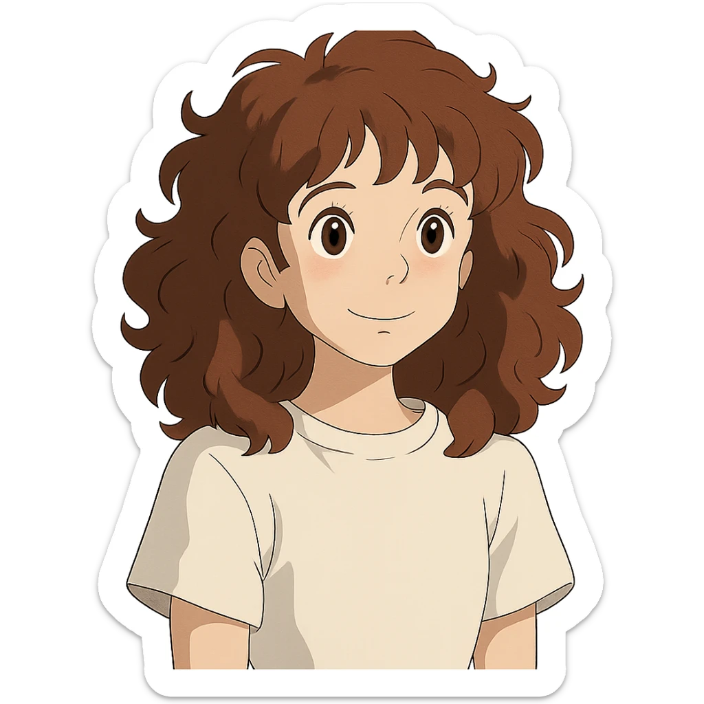 ghibli style girl with curly chestnut hair wearing a white t-shirt, no background sticker