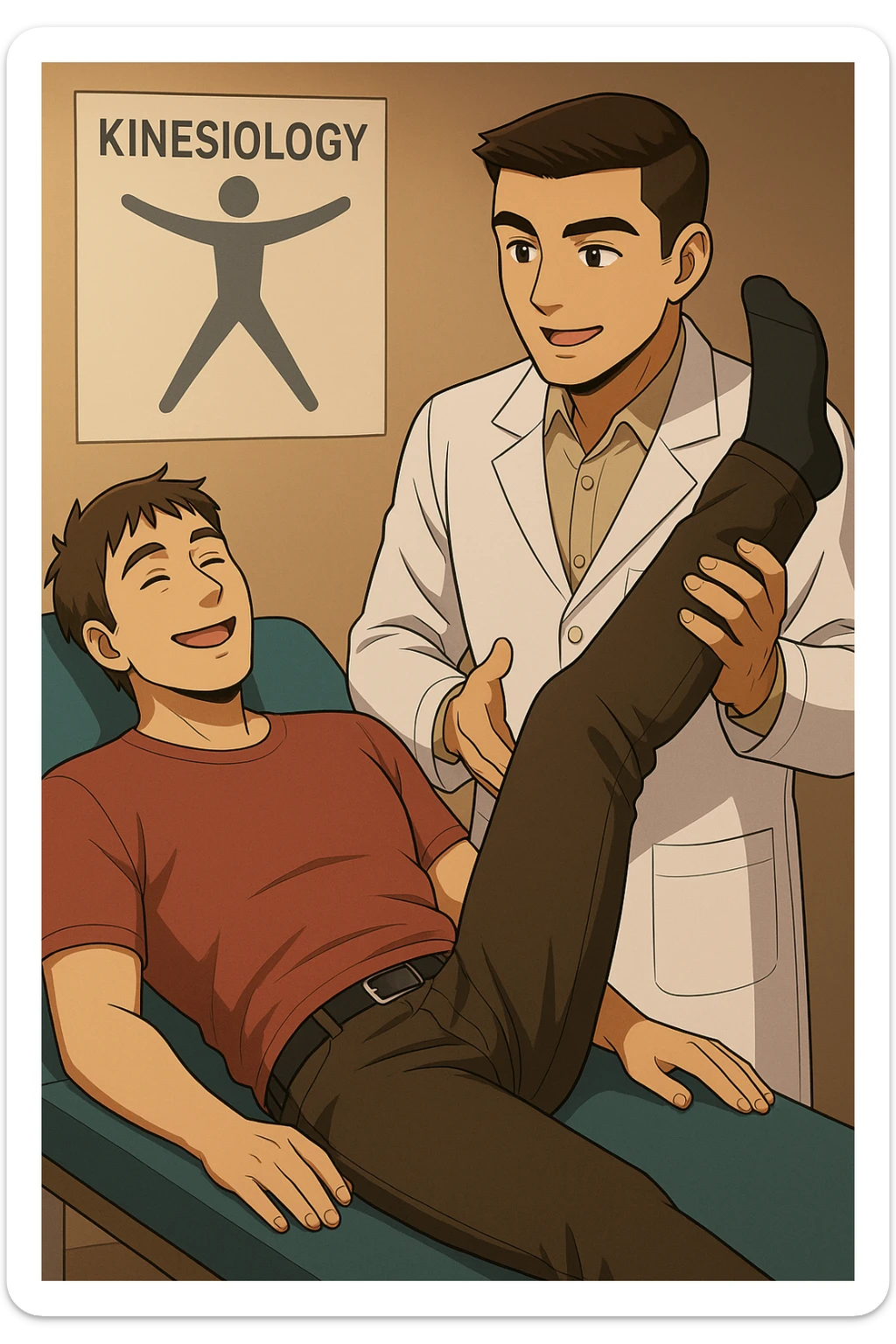 fai un webtoon manga a colori con questo stile, in cui un uomo è steso sul lettino medico e il kinesiologo con il camice bianco (fagli anche la scritta "ANTONIO ANANIA" SUL CAMICE, gli solleva una gamba per fargli il test neuromuscolare, IL KINESIOLOGO SPIEGA ALL'UOMO UNA cosa mentre gli alza la gamba. l'espressione dell'uomo è felice e soddisfatta, non fare i fumetti però, fai solo in modo che sembri stiano parlando, il lettino fai in modo che si veda tutto intero sticker