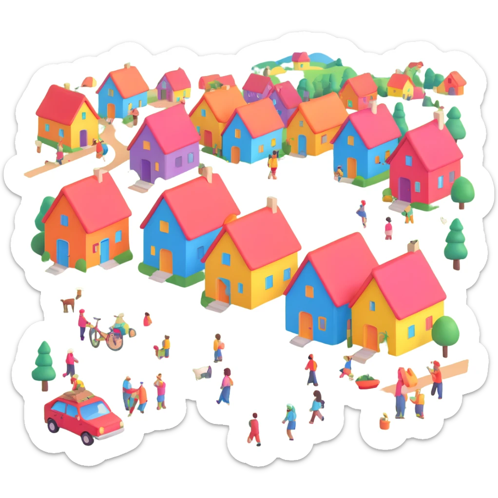 village life with colorful houses and people sticker