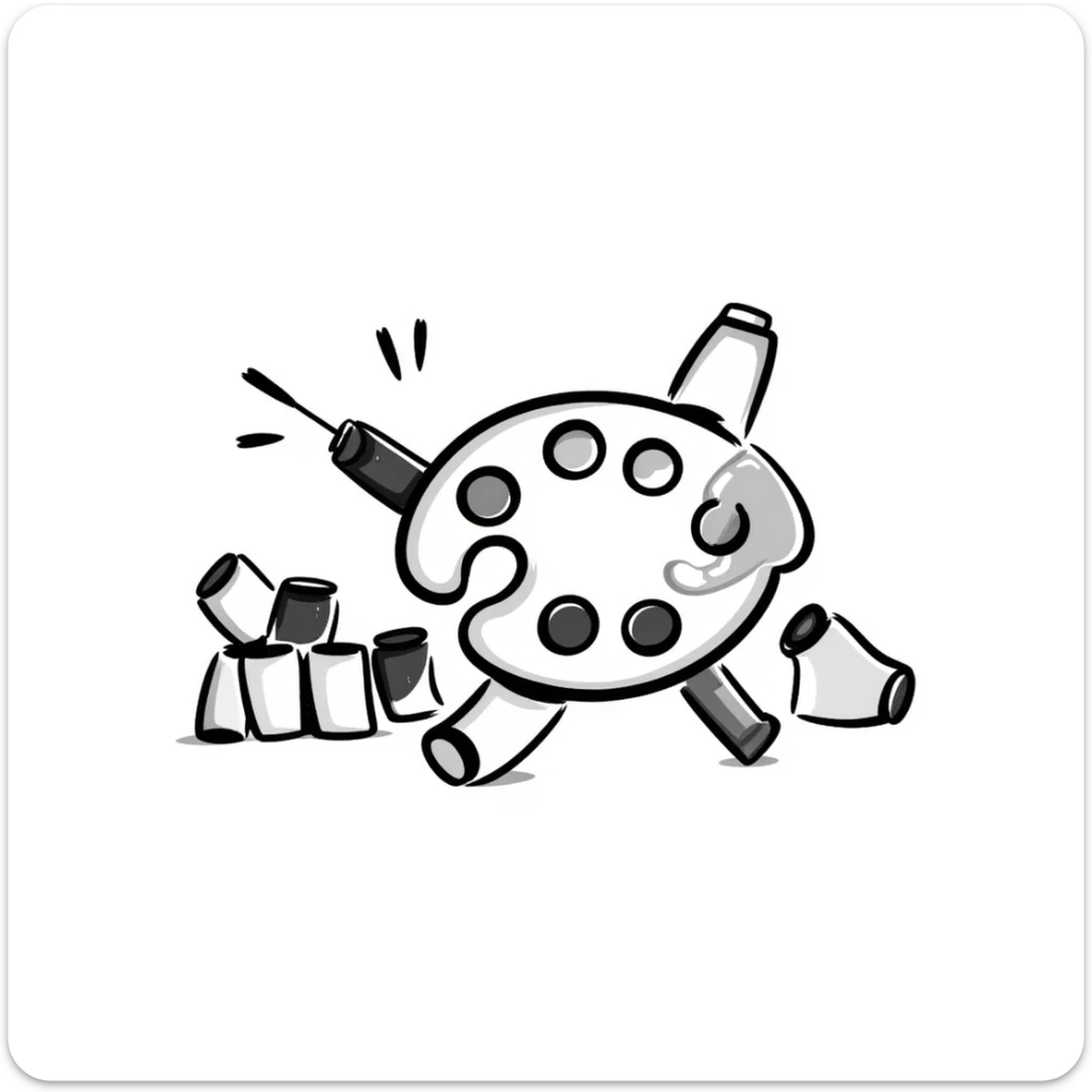 A set of artist's paints with tubes and a watercolor palette in pastel colors (dd9fb0, ffc6d3, a3bfc9, c4bee2, f1b091), hand-drawn doodle style sticker